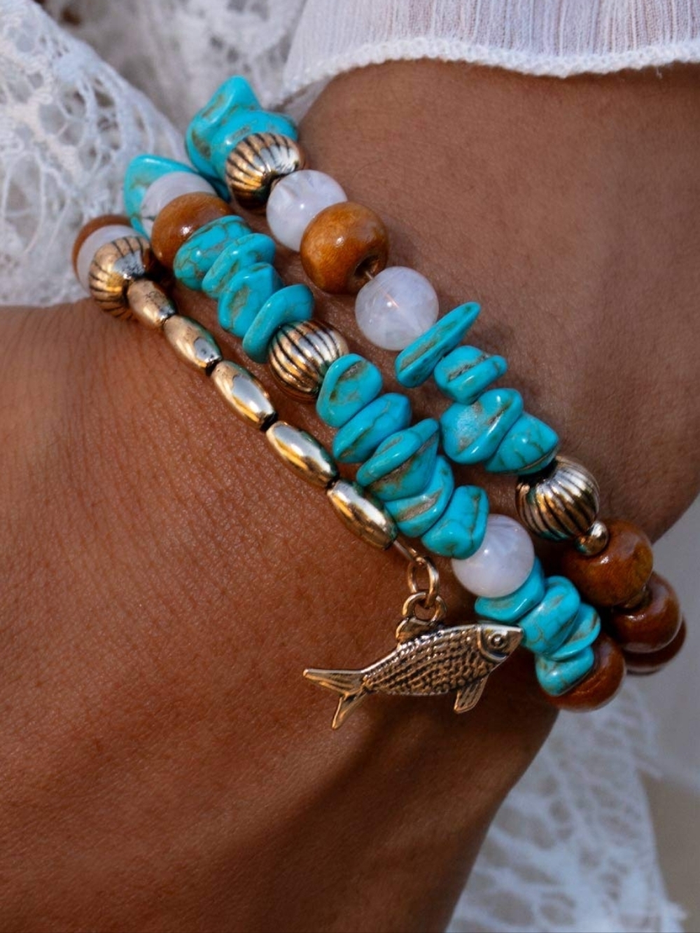 Spirited Sequence Paparazzi Turquoise, Brown & Gold Beaded Multi-Strand Bracelet - Picture 4 of 4